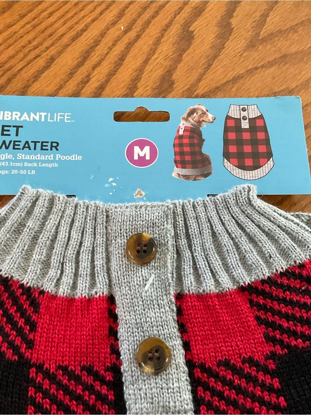 Vibrant Life Red & Black Buffalo Plaid Dog Knit Sweater, Sz Med 20-50 Lbs.
